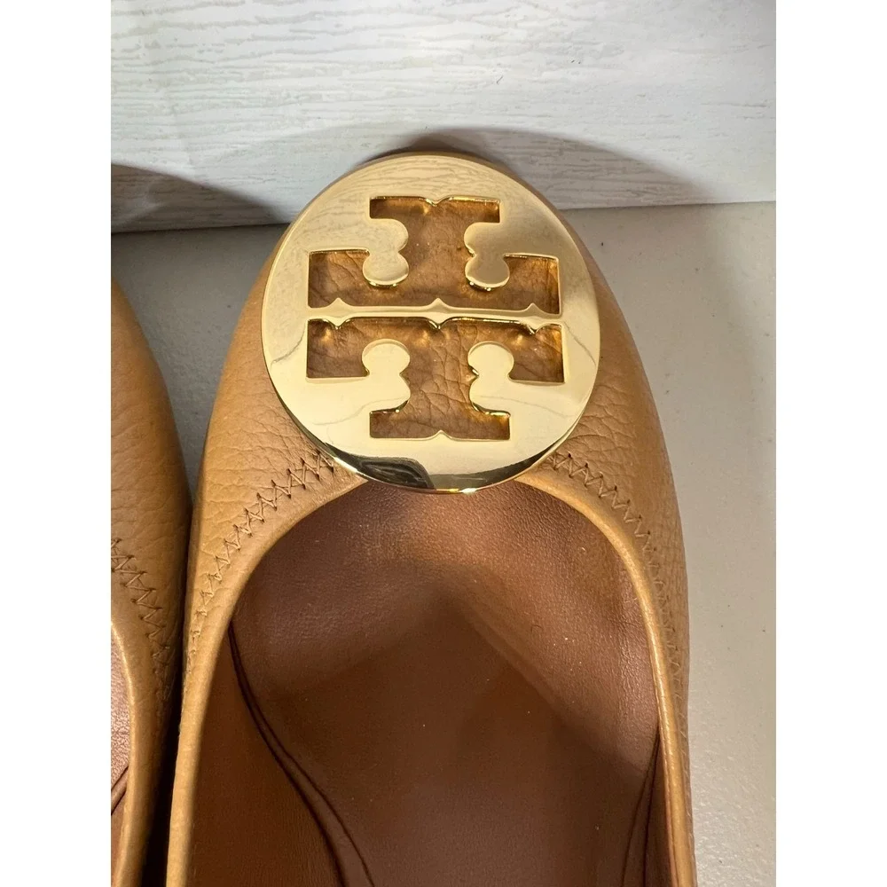 Tory Burch Peep Toe Sally Wedge Heels Pumps Gold Tan Size 9.5 M